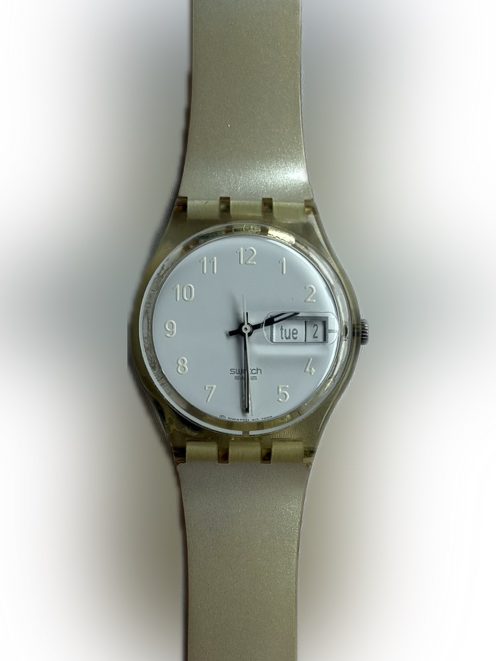 Vintage 1999 Swatch Snowcovered Day Date Watch GK733 — Frosted Clear